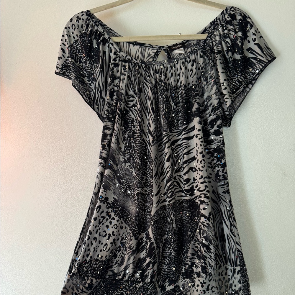 y2k multi animal print blouse with sequins